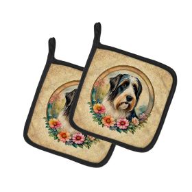 Bearded Collie and Flowers Pair of Pot Holders Kitchen Heat Resistant Pot Holders Sets Oven Hot Pads for Cooking Baking BBQ, 7 1/2 x 7 1/2